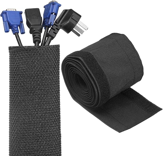 uxcell Hook and Loop Cable Management Sleeve, 6.6ft x 0.8 Inch Flexible Cable Wrap Covers Wire Hider, Cord Organizer and Cable Protector for Desk TV Computer, Black