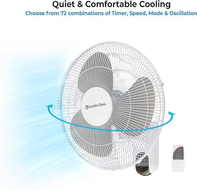 Comfort Zone 16-inch Wall Mount Fan with Remote Control, Quiet 3-Speed Operation, Timer, Adjustable Tilt – Ideal for Bedroom, Home, Gym & Office