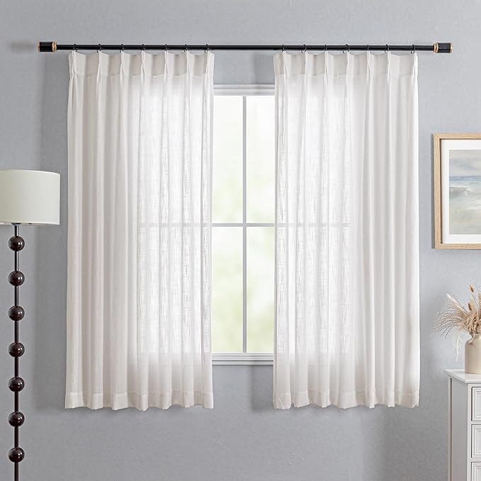 MYSKY HOME Natural Curtains for Bedroom 63 Inches Long Pinch Pleated Semi Sheer Drapes Boho Decor Country Style Kitchen Panels Set, Light Filtering Privacy Blind Back Tab, 40" x 63", Beige, 2 Panels