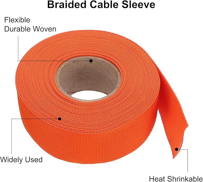 MECCANIXITY Braided Cable Sleeves Heat Shrinkable Fabric Sleeving, 1 1/4" 40ft Orange 2:1 Ratio Heat Shrinkable Cord Protector for Harness Cable, Network Cable Protection, Cable Management
