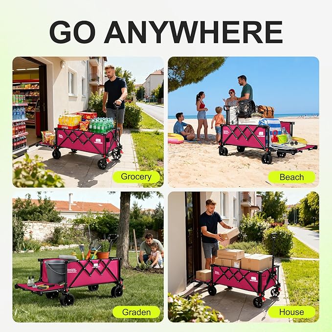 Collapsible Wagon Cart with Extended Tailgate,Heavy Duty Folding Cart, 155L Foldable Utility Wagons for Beach, Picnic, Grocery, Outdoor Camping(Pink)