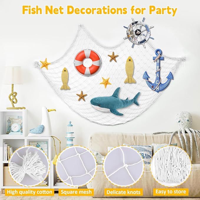 2 Pcs Fish Net Decorations, 39x78 Inch Cotton Nautical Themed Fishing Net, Wall Hanging Photo Display Fishnet for Coastal Bedroom Bathroom, Pirate Beach Under The Sea Party Decor, Bleached White