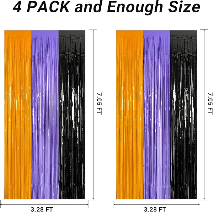 4 Pack Halloween Decorations, 3.28 FT x 7.05 FT Orange Purple Black Party Streamer, Funny Photo Backdrop Foil Curtains Fringe Tinsel, Halloween Door Decor Party Supplies Indoor