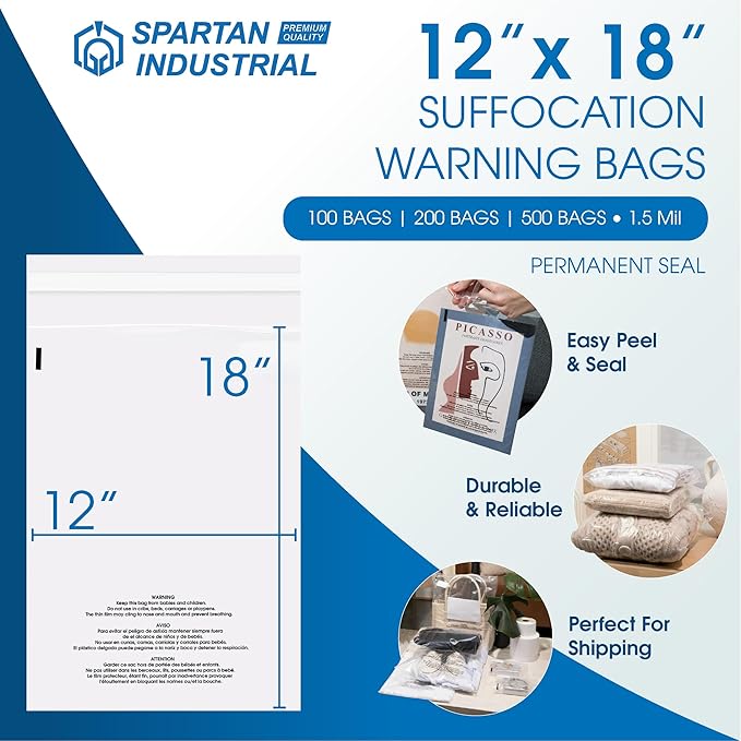 Spartan Industrial - 12" X 18" (500 Count) Self Seal Clear Poly Bags with Suffocation Warning for Packaging and Clothes - Permanent Adhesive
