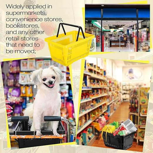 12 Pcs Shopping Baskets 20 L Plastic Store Retail Baskets with Handles 16.9 * 11.8 * 9.1 Inches for Market Grocery Supplies Thrift Convenience Storage(Yellow)