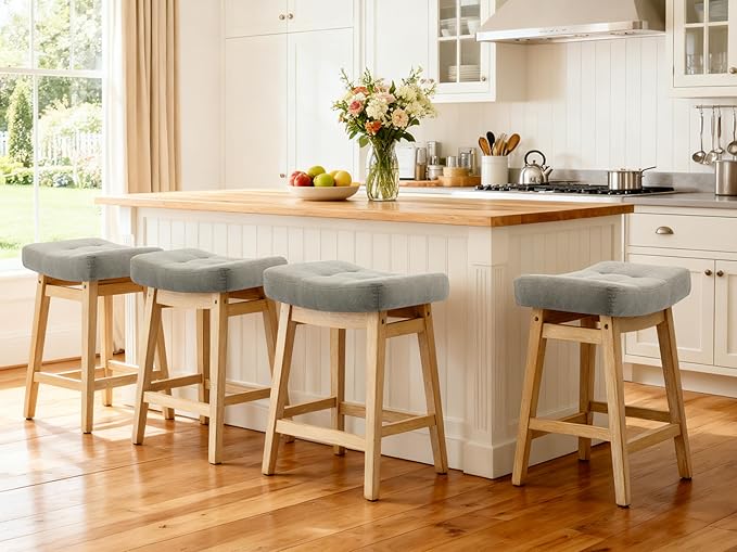 Counter Height Bar Stools Set of 6 for Kitchen Counter Farmhouse Modern Barstools with Upholstered Fabric Backless Seat and Solid Wood Legs 24 inch Bar Chairs, Grey + Wood Color