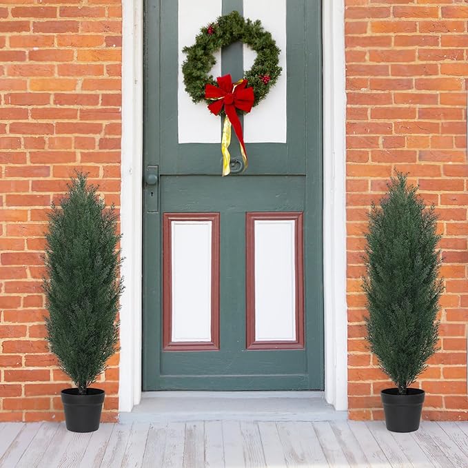 THE BLOOM TIMES 3ft Topiary Trees Artificial Outdoor Set of 2, UV Resistant Faux Cedar Pine Cypress Bushes & Shrubs, Fake Plants for Front Porch Outside Planter Patio Christmas Decor 3 Foot Tall