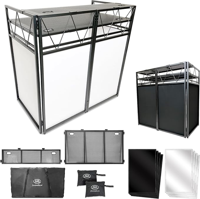 AxcessAbles Two-Tier Portable DJ Booth | Large DJ Table Stand w/ 43"x25" Desk Surface | 2 Ergonomic Table Heights | Black & White Facades, Carry Cases | DJ Laptop Controller Stand