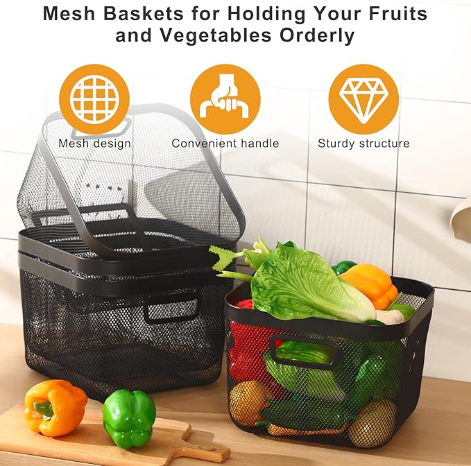 4 Pack Metal Mesh Steel Basket with Hollow Handles Square Wire Mesh Open Bin Fruit Storage Basket for Kitchen Bathroom Picnic Shopping Cabinet Home Items (Large,Black)