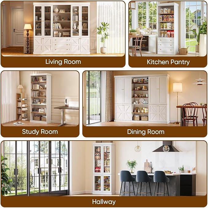 Vyre 70.8" Tall Farmhouse Bookshelf with Glass Doors, Modular Bookcase with 6-Tier Adjustable Shelves, Large Storage Cabinet for Kitchen, Living Room, White, Set of 2