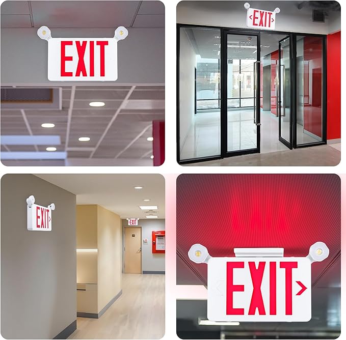 Gruenlich Red Exit Sign with Emergency Lights, 2 Adjustable LED Heads and Backup Battery, UL 924, AC 120/277V, Commercial Hardwired Exit Light for Business, 4 Pack