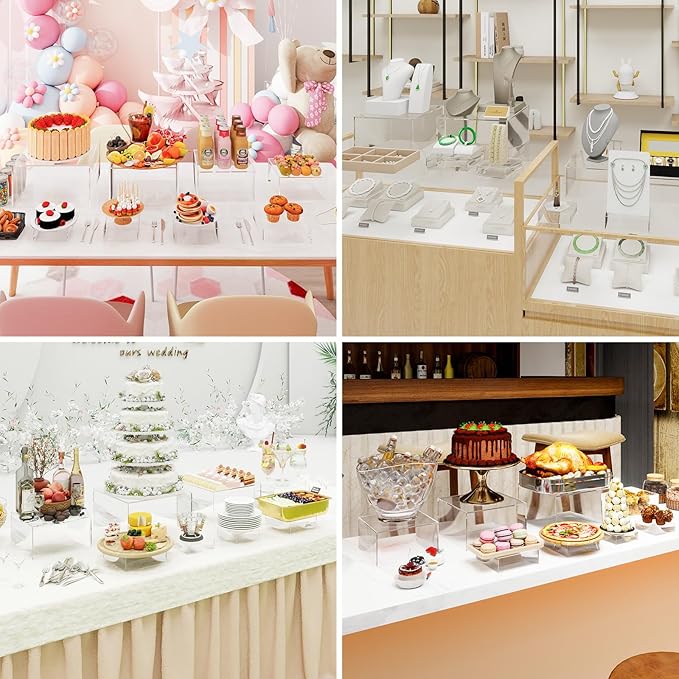8 Pcs Buffet Food Risers, Large Acrylic Dessert Cupcake Table Stands Fruit Display Shelf Catering Supply Party Jewelry Show Decor Risers Cube Box Nesting Transparent （11",10", 8", 7",6",5",4", 4")