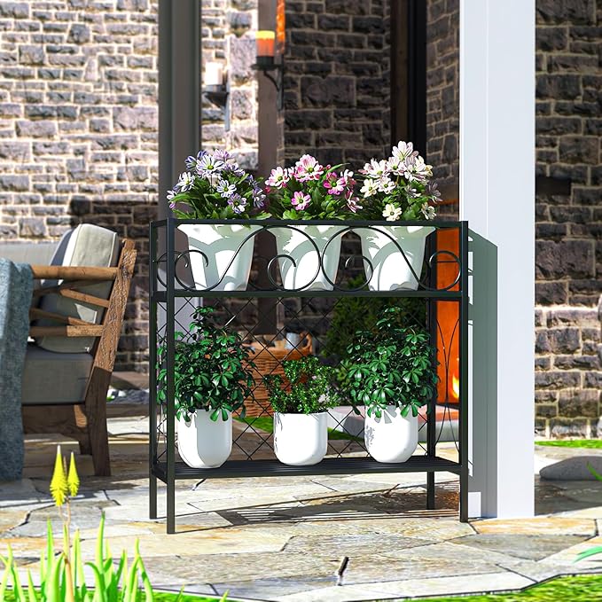 Zhongma 2 Tier Metal Sturdy Narrow Plant Stand, 35.43 L x 12.6 W x 35.43 H inch, Indoor and Outdoor Heavy Duty Metal Plant shelf for Small Spaces 440 LBS Capacity