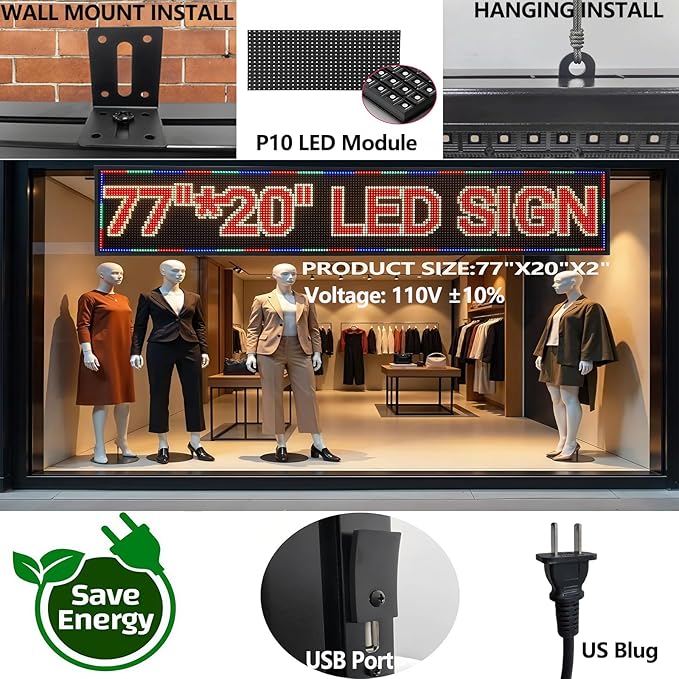 P10 Large Programmable LED Scrolling Sign 77”X20”, Bright Outdoor Digital Signs Waterproof, Full Color Led Open Signs for Business Advertising, Restaurant, School, Commerce, WiFi Control Electronic Message Display Board