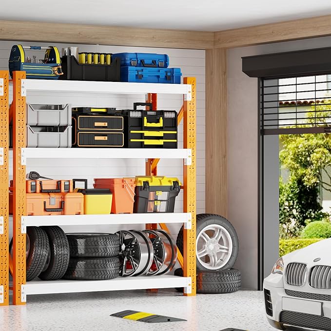 4000LBS Garage Shelving 48" W Garage Shelving Heavy Duty 4-Tier Metal Storage Shelves Adjustable Shelf Unit Storage Rack for Basement Supermarket Warehouse 48" W x 20" D x 78" H Orange-White
