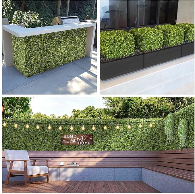 E&K 144" Wx18 Hx12 D Artificial Boxwood Hedge Wall, Artificial Outdoor Privacy Wall for Balcony Backyard Office, Indoor Divider Freestanding Greenery Backdrop