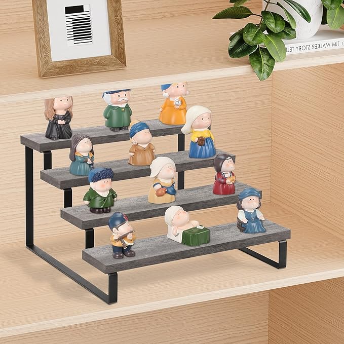YINMIT Wooden Display Riser Stand, Tiered Perfume and Cologne Organizer Stand, 4 Tier Spice Rack Organizer, Rustic Display Shelf for Candles (4 Tier,Grey)