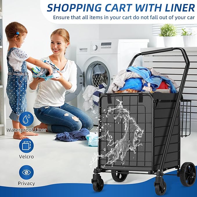HABUTWAY Grocery Cart on Wheels for Groceries, Folding Shopping Carts with Liner, 110LBS Large Capacity Jumbo Grocery Cart with Dual Basket, 360° Rolling Laundry Cart, Lightweight Trolley for Senior