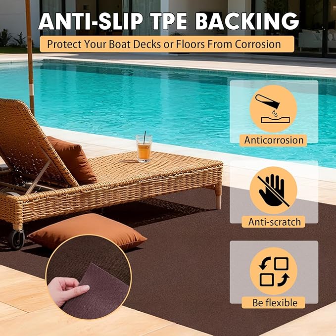 Marine Carpet,5 FT x 10 FT Brown Indoor Outdoor Carpet 0.2" Thick Boat Carpet with Water-Proof TPE Backing, Non-Slide Outdoor Marine Carpet Roll for Home, Patio, Porch, Deck