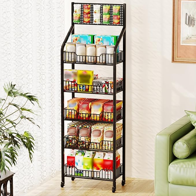 Snack Rack Display Stand, 5 Tier Metal Retail Candy Display Rack with Wheels, Removable Bread Organizer Stand with 10 Hooks, Snack Organizer for Stores, Living Room, Kitchen, Office (Black)