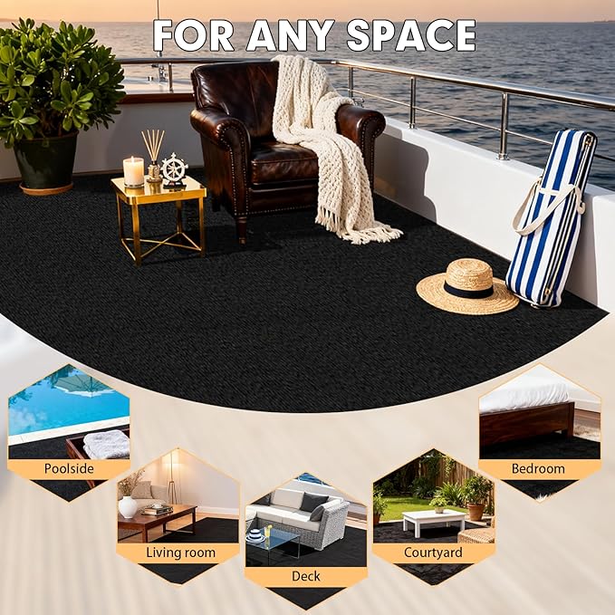 Marine Carpet - 6 FT x 18 FT Black Indoor/Outdoor Carpet, 0.2" Thick, Water-Proof TPE Backing, Non-Slide for Home, Patio, Porch, Deck