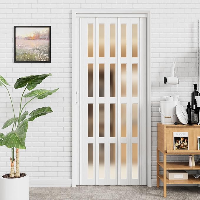 24-36 x 80in Accordion Doors Interior Folding Door, White PVC Accordion Door with 4 Frosted Acrylic Glass with Upgraded Roller & Handle & Complete Hardware, for Closet Bathroom Doorways
