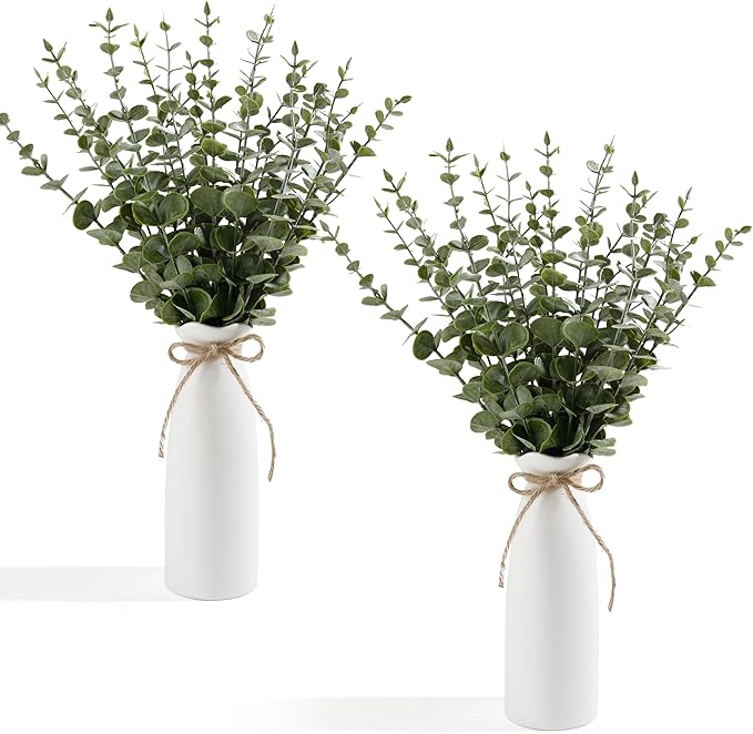19" Fake Plants with Vase,40 Faux Eucalyptus Stems 2 White Ceramic Vases Realistic Artificial Plants indoor Artificial Greenery Stems in Vases for Centerpieces Bathroom Bedroom Modern Farmhouse Decor