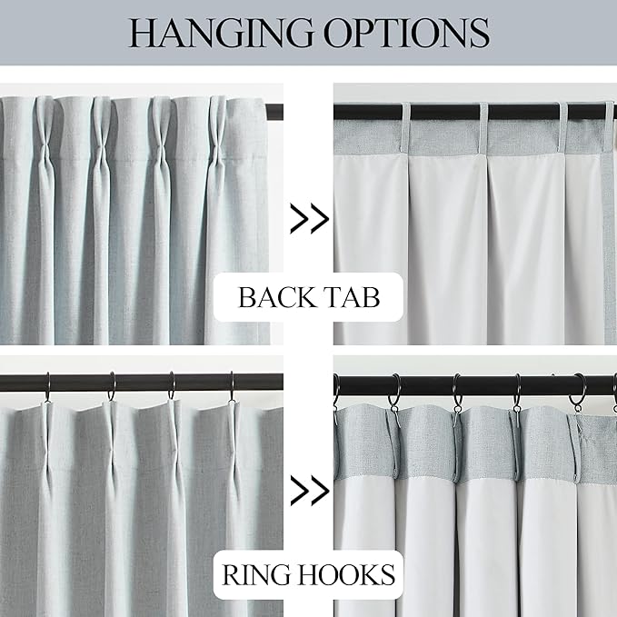 Vision Home Blue Fog Pinch Pleated Full Blackout Curtains Linen Blended Room Darkening Window Curtains 95 inch for Living Room Bedroom Thermal Insulated Pinch Pleat Drapes with Hooks 1 Panel 60"Wx95"L