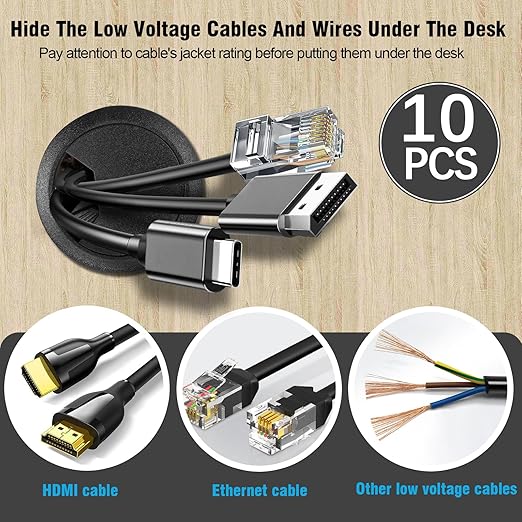 2" Spring Desk Grommet, JTemgle Plastic Cable Hole Cover Computer Table Cord Wire Organizer Caps Desktop Cord Management for Home Office TV Stands Tabletops - Black, 10 Pcs