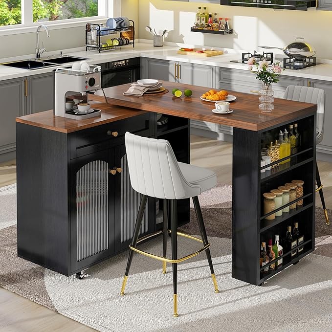 LYNCOHOME Rolling Kitchen Island with 360° Rotating Tabletop, Mobile Lockable Wheels & Adjustable Shelves, Multifunctional Storage Cart for Kitchen & Dining（Black）