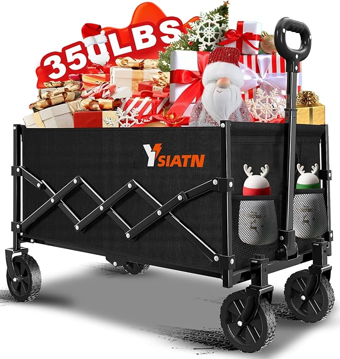 Collapsible Wagon Cart Foldable with 350lbs Weight Capacity, Lightweight Utility Shopping Cart with Wheels, Folding Grocery Wagon Carts Portable for Beach Garden Sports and Camping, Black