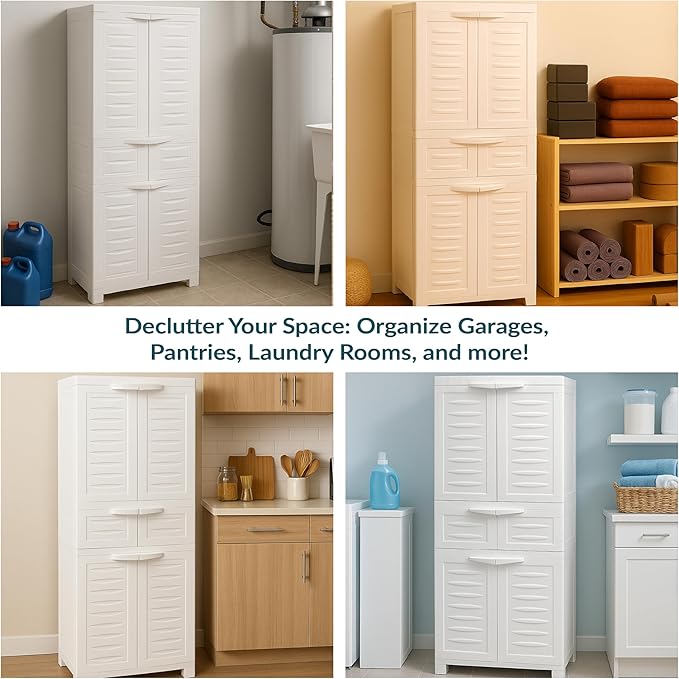 Sunnydaze Plastic Garage Storage Cabinet with 2 Adjustable Shelves - 57" H - Garage, Office, Home, Laundry Room - Speckled White