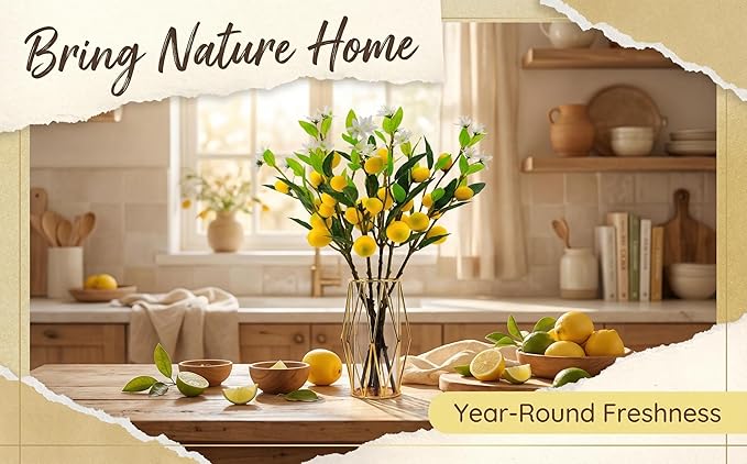 24 Inch Artificial Lemon Branches -5 Pieces Set of Realistic Fake Lemon Tree Stems and Fruits for Kitchen, Farmhouse, and Home Decoration