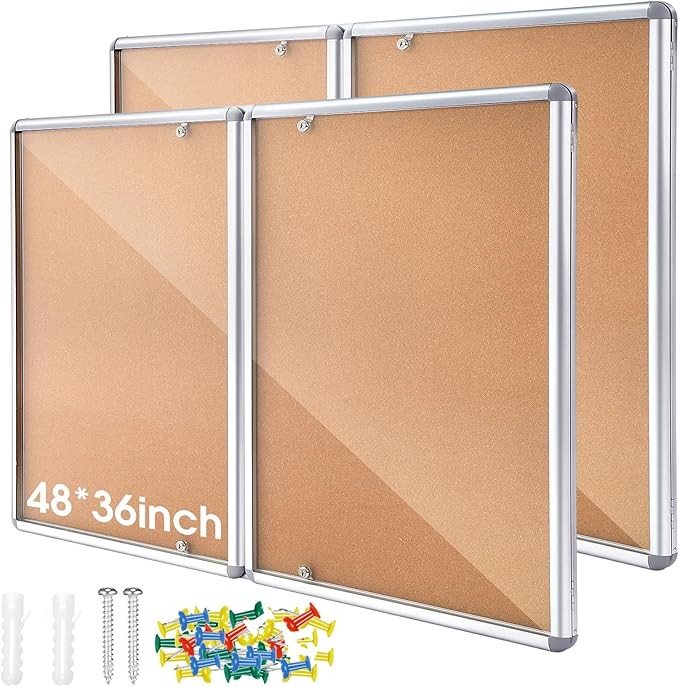 2 Pack Enclosed Bulletin Board 48"x36" Weather Resistant Lockable Enclosed Notice Cork Case Display Board Wall Mounted 2 Locking Door Aluminum Frame for Office School Commercial, 12xA4(Brown)