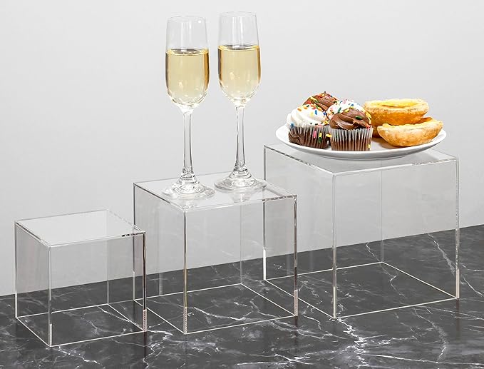Red Co. Set of 3 Crystal Clear Acrylic Cube Display Nesting Riser Stands with Hollow Bottoms | Transparent