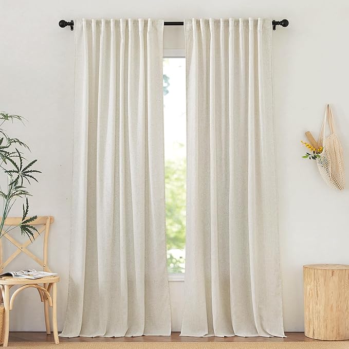 NICETOWN Natural Linen 132 inch Semi Sheer Curtains, Back Tab & Rod Pocket with Pleat Tab Privacy Added with Light Filtering Window Treatments for Living Room, W52 x L132, 2 Panels