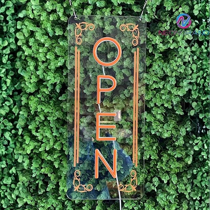 Vertical LED Open Signs for business – Super Bright - UV Printing Pattern, Remote Included - Large Size 12x30'' - Neon Open Sign for Café, Bar, Shop & Business Sign (Orange)