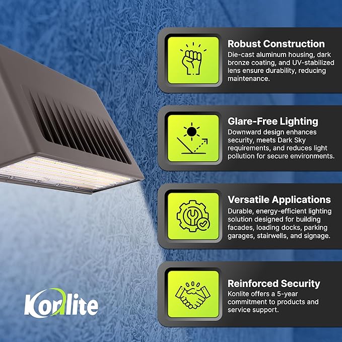 Konlite - 63W/45W/30W Full-Cutoff LED Wall Pack Lights, Selectable Wattage & CCT (5000K/4000K/3000K), LED Wall Light, Energy Efficient, Durable, Outdoor Commercial Wall Pack Light, 9797LM