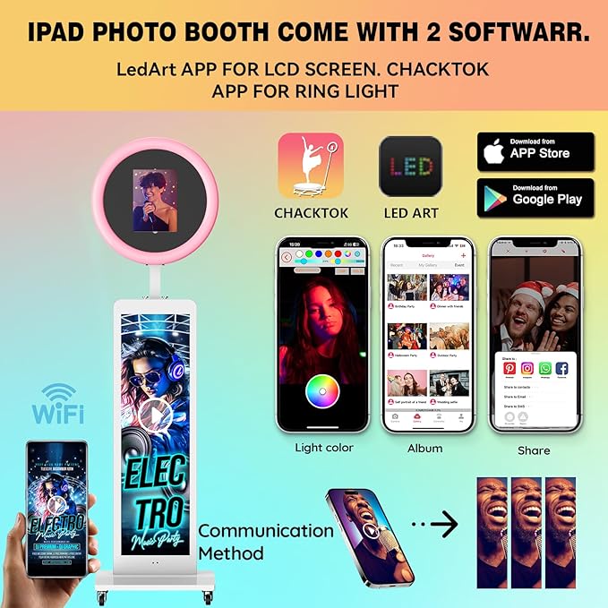 HARZHI 38'' LCD Screen Portable Photo Booth Compatible with Any Ipad, 1080P Intelligent Split Screen Ipad Photo Booth LCD for Wedding Party Software APP Control LCD Ring Light, Flight Case White