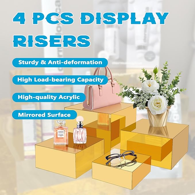 Gold Acrylic Mirrored Risers Display Stands, 4Pcs Food Risers for Buffet Table Gold, Acrylic Cube Display Stands Box Risers for Catering Dessert Perfume Collection Jewelry Party Centerpieces(Size 5",6",7",8")