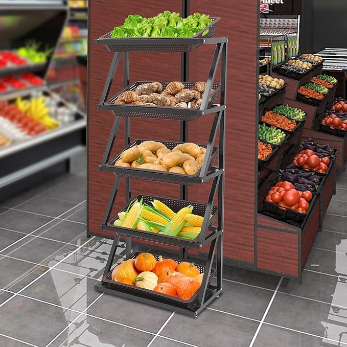 5 Tiers Retail Display Rack, Single Row Commercial Market Shelf Fruit and Vegetable Basket Stand Rack Set Snack Pantry Shelf Unit for Kitchen, Office, Store