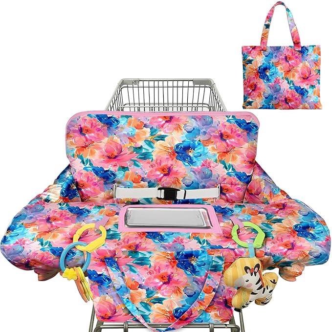 Shopping Cart Cover for Baby 2-in-1 High Chair Cover with Safety Harness Multifunctional Colorful Flowers Cart Covers for Babies Soft Padded Grocery Cart Cover for Baby Boy Girl