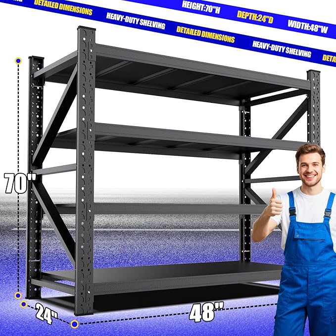 7000LBS Garage Shelving Heavy Duty, 4-Tier Metal Shelving Unit, Large Adjustable Garage shelves, Easy Assembly Utility Storage Rack Shelf for Warehouse, Basement, Pantry, 70” H×48” W×24” D, Black