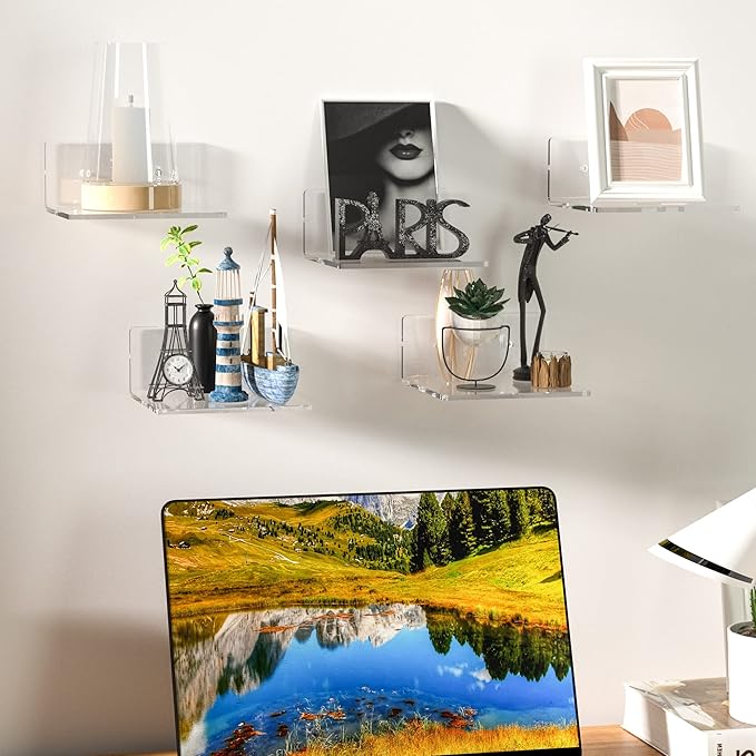 6 Inches Acrylic Small Wall Shelves 2 Pack, Floating Shelf for Wall Mounting, Acrylic Display Ledges for Funko Pop Figures, Home Décor, Living Room, Gaming Room, Plants(6 inch, Clear)