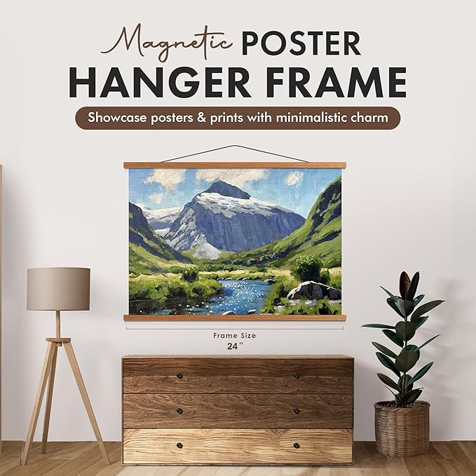 Magnetic Poster Hanger 24” Poster Frame with Strong Magnets, Complete Hanging Kit for Posters, Art, Maps, and More, Fits 24x17, 24x20, 24x36, Teak Wood