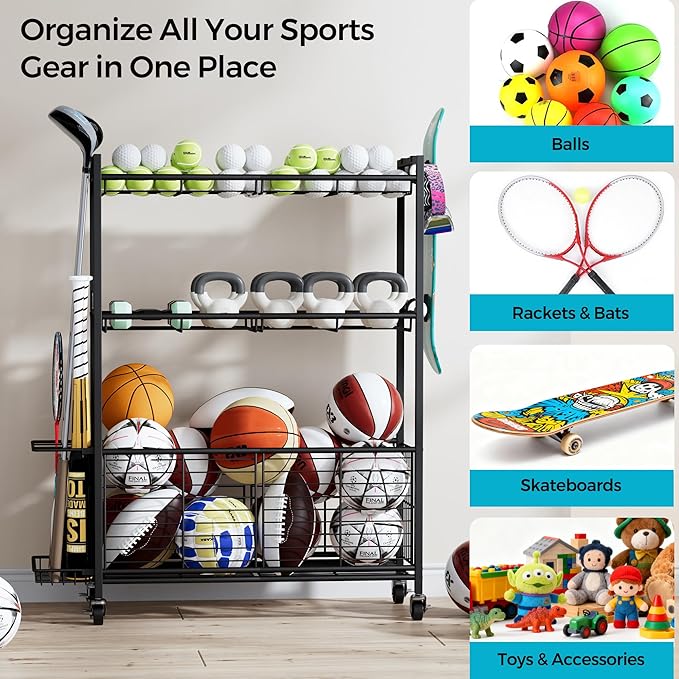 Large Garage Sports Equipment Organizer with Wheels, 3-Tier Ball Storage Rack for Basketballs, Soccer Balls & Sports Gear, Outdoor Sports Organizer with Bat Holder & Hooks, Toy Storage Bin