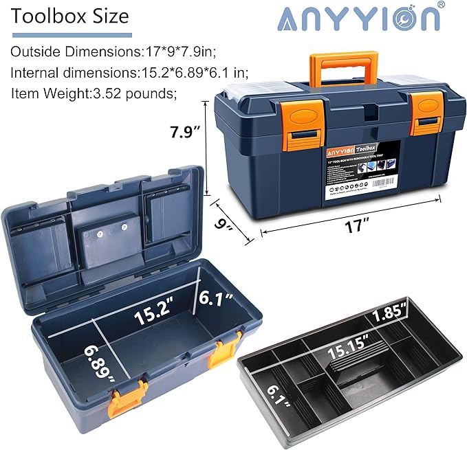 Anyyion 16.5-inch Tool Box with Removable Tray, Small Parts Box On The Lid is Removable, Tray Can be Removed and Combined at Will (Internal Dimensions 15.2x6.89x6.1 inch)