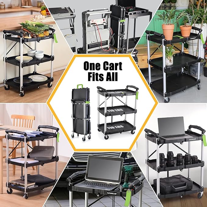 FUTURELAB Portable Folding Service Cart - 3 Tier 330LBS Capacity - Rolling Utility Cart Foldable with Wheels for Warehouse Home Workshops Garages Restaurants Offices (Green)