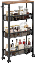 VECELO 4 Tier Slim Rolling Cart Organizer, Rolling Carts On Wheels with Storage, Sturdy Metal Frame Narrow Cart with Handle, Space Saving for Kitchen, Bathroom, Laundry, Rustic Brown