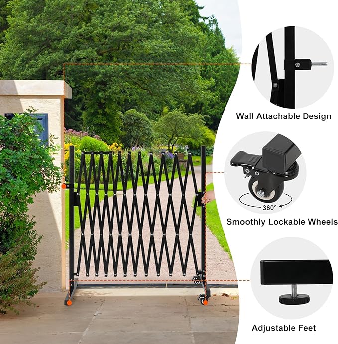 SMONTER Expandable Barricade Gate, 129" Metal Safety Barrier Gate with Casters, Accordion Garden Yard Fence Portable Dog Gates with Latch Indoor Outdoor